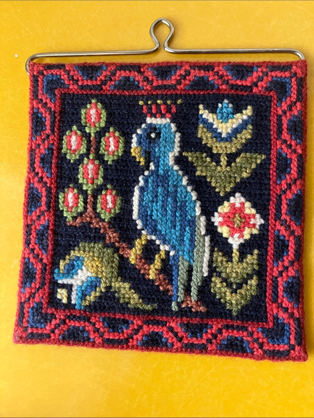 Vintage Swedish handmade needlepoint wall hanging tapestry